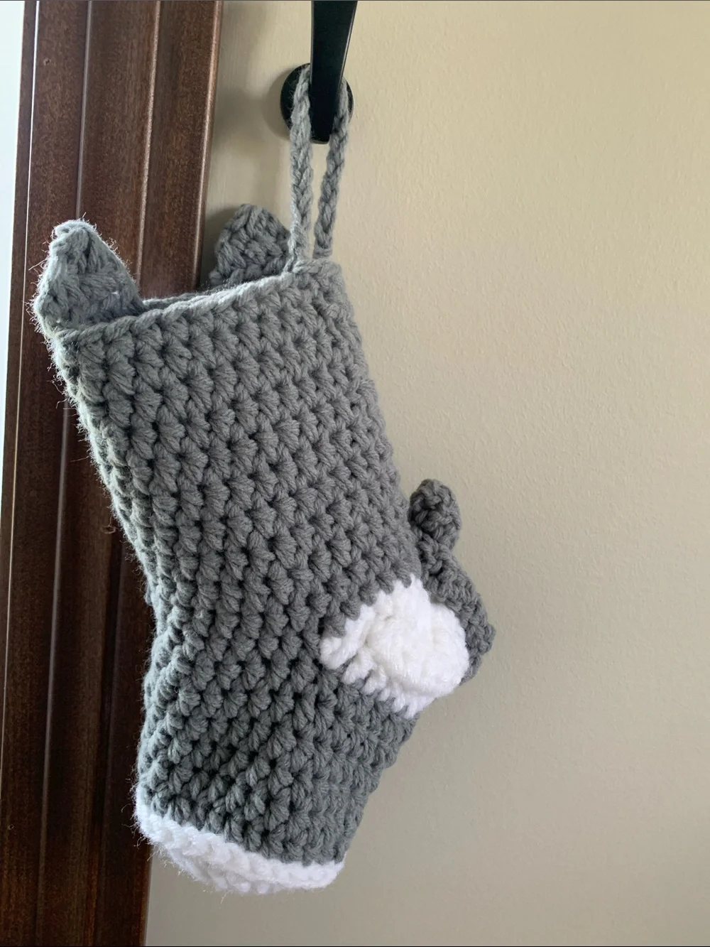 Handmade Gray & Pink Crochet Cat Stocking